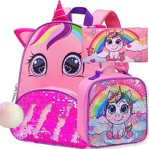 Mochila infantil de 3 piezas para niñas, 12 pulgadas con lentejuelas de unicornio, bolsa preescolar y lonchera, Rosado, Talla única, Mochila única