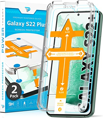 Power Theory Lot de 2 films de protection d'écran en verre pour Samsung Galaxy S22 Plus avec pochoir, film de protection d'écran en verre avec guide d'installation