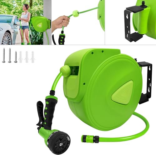 Froadp 20m Schlauchtrommel Automatisch 180° Schwenkbare Gartenschlauch Trommel 3/4 Anschluss Schlauchaufroller mit Schlauchstopp und Schnell-Verschlusskupplung für Garten Camping Garage Bewässerung