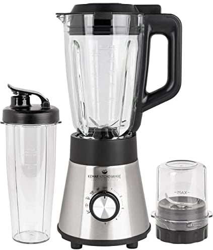 KeMar Standmixer 2-in-1 Edelstahl silber - 1,5l Glasbehälter 5 Programme 1000W abnehmbare Klinge - Smoothiemaker - inkl. 2Go Becher Trinkdeckel - Spülmaschinenfest, Blender, Reinigungsprogramm
