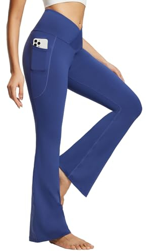 baleaf Damen Yogahose mit Taschen Schlaghose Stoff Flare Leggings Bauchkontrolle Sporthose Stretch Hohe Taille Blau 32 L