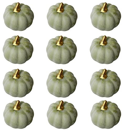POPOYU Künstliche Kürbisse Deko,12 Stück Zierkürbisse Grün Ernte Lebensechte Kürbis Gefälschte Schaum Kürbisse Styropor Kürbis für Herbstgirlande für Herbst Halloween Erntedankfest Party Tisch Dekor