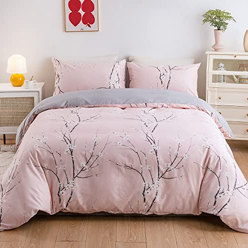 OLDBIAO Bettwäsche Set 3 Teilig Mikrofaser Bettbezug 240x220 cm und Kissenbezüge 80x80 cm, Ästhetisch Blume Zweig Design, Rosa Grau Bettdeckenbezug Bettdecke Cover für Doppelbett