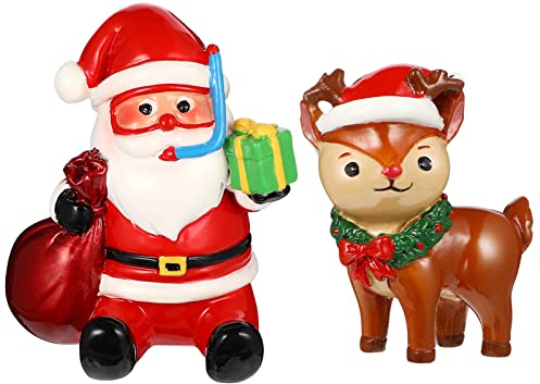 POPETPOP Weihnachts-Aquarium-Dekorationen 2 Stück Weihnachtsmann-Rentier-Harz-Ornamente für Feiertags-Aquarium und Tischdekoration