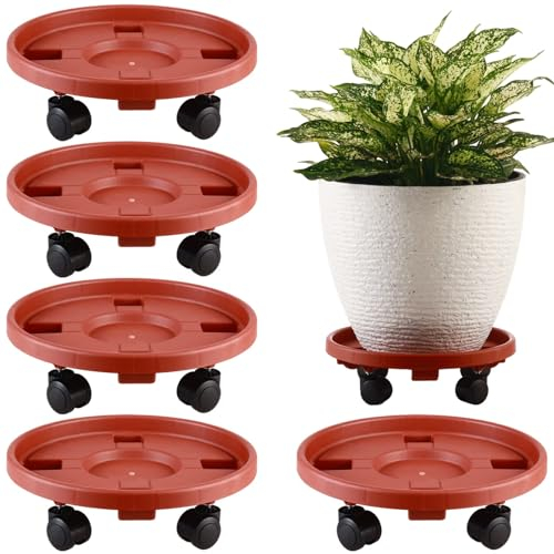 EasyGo Wheels – Lot de 5 chariots à roulettes robustes, supports de plantes de 33 cm, soucoupe en plastique, rouge