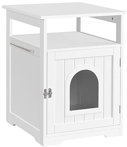 Abician Cache Litière pour Animaux de Compagnie Maison de Toilette pour Chat en Bois MDF Meuble pour Bac à Litière avec Entrée Voûtée et Rangement Table d’appoint Minimaliste Blanc