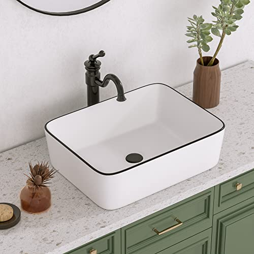 DeerValley Rechteckiges Aufsatzwaschbecken für Badezimmer - Weißer Keramik-Korpus mit Schwarzem Rand, 475x375mm, Handwaschbecken Gäste WC