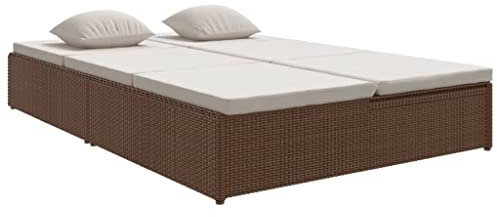 Makastle 2-in-1 Sonnenliege Doppelliege mit Auflagen für 2-Personen, Doppel Gartenliege Gartenbank Gartensessel Gartensofa für Garten oder Balkon, Poly Rattan Braun