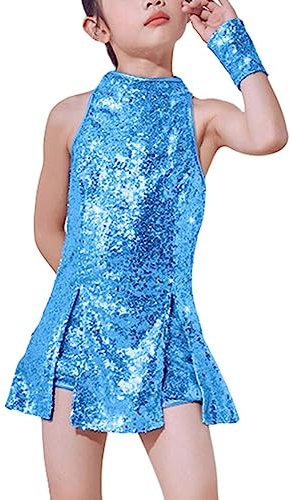 LOLANTA Mädchen Pailletten-Kostüm Hip Hop Dancewear Funkelndes Tanzkleid Gesetzt, Hellblau, 8-9 Jahre, 140