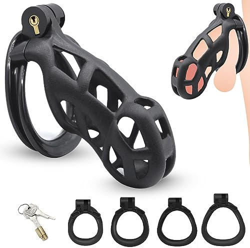 3.0 Keuschheitskäfig Herren,3D Peniskäfig mit 4 Hodenringe Penis Ring,Chastity Cage Male,BDSMs Spielzeug Hart,Keuschheitsgürtel für Herren,Cock Cage Sex Spielzeug für die Männer Extrem (XL)