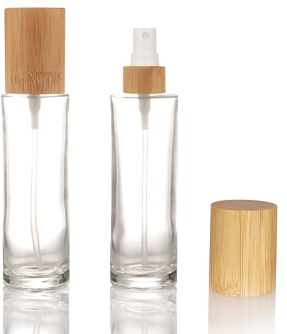 COSIDEA 4 botellas vacías de 3.3 onzas / 100 ml con tapa de bambú transparente con cabezal de despenser de niebla fina para artículos de tocador de perfume líquido, botellas de tóner de 20 cuellos