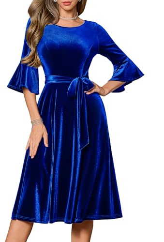 HomRain Velvet Prom Dress for Women Formal Cocktail&Wedding Guest,Royal Blue Long Sleeve A Line Tea Party Elegant Graduation Midi Dresses 3XL