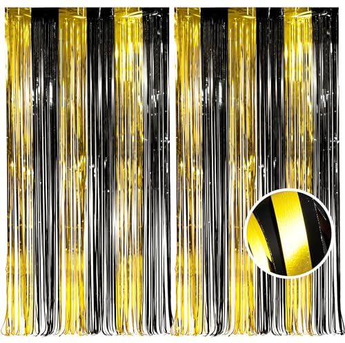 BRAVESHINE Lametta Vorhänge Schwarz Gold, Glitzer Vorhang Hintergrund Geburtstag Dekoration für Silvester Neues Jahr Abschluss Ruhestandsfeier Anniversaire Movie Night Party