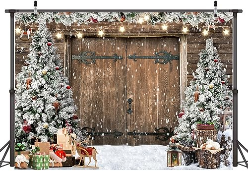 AIIKES 10x8FT Weihnachtshintergrund Winter Weihnachten Land Getreide Holz Tür Fotografie Hintergrund Weihnachtsbaum Schnee Geschenk Familie Feiertag Dekoration Hintergrund 12-630