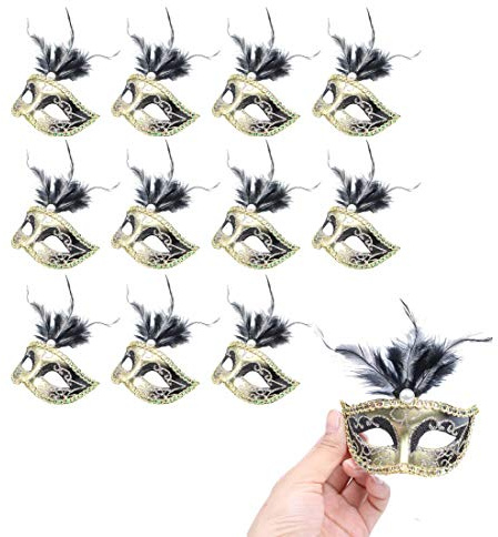 Qngcolrcy Lot de 24 mini masques vénitiens décoratifs en plumes de Mardi Gras pour bal masqué (noir)