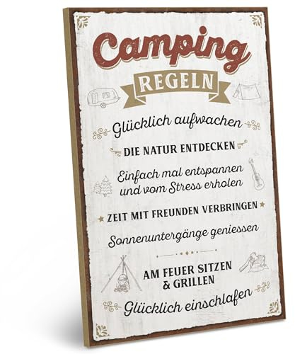 ARTFAVES® Wandbild Holzschild mit Spruch - Camping Regeln - Türschild Retro Vintage Deko Bild Geschenk - Camper, Camping