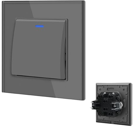 BSEED Interruptor de luz con LED Gris,10A 1 Gang 3 Vías Interruptor de luz empotrado con luz de control LED,Interruptor Luz de Pared con marco de cristal,Interruptor conmutador con clips para salón