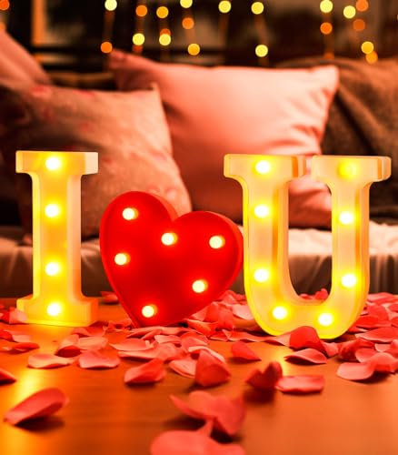 AceList Valentine's Day Gift LED Heart Lights I Love You Sign Marquee Light Up Letters Romantic Valentines Day Decor, Wedding, Engagement Decor White(IOU)