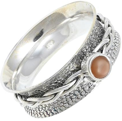 JEWELFORCE Pfirsich-Mondstein-Edelstein-Spinnerring, 925er Sterlingsilber, Meditationsring für Männer und Frauen, Geschenkartikel, handgefertigter Schmuck JSR-143G_51 (16.2)