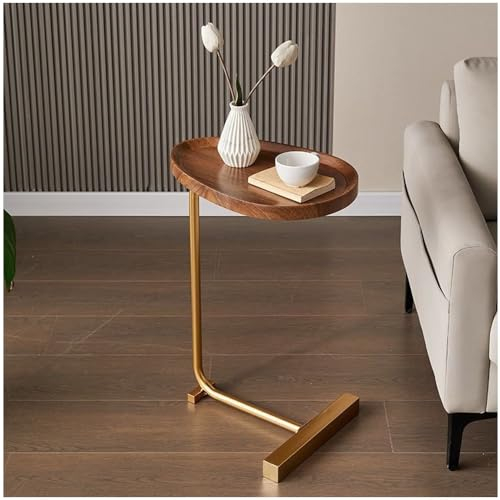SINBINTA C-förmiger Beistelltisch, kleiner ovaler Couch-Snack-Tisch, schmaler Sofa-Beistelltisch mit Metallrahmen für Wohnzimmer, Schlafzimmer, Nachttisch (Gold+braunes Tablett)