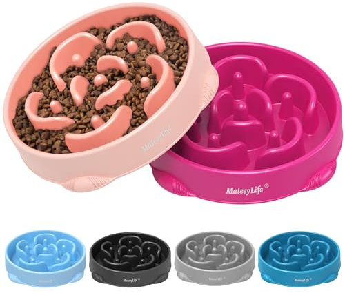 MateeyLife - Cuencos grandes de alimentación lenta para perros, 2 uds, de rompecabezas y laberinto, antiasfixia y antideslizantes, para ralentizar la alimentación, 4 tazas, rosa y morado