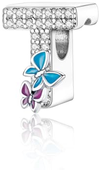 Jokmeo 925 Sterlingsilber Damen Buchstabe T Charm Anhänger mit Schmetterlings-Muster, passend zu europäischen Armbändern und Halsketten, modischer Damenschmuck.