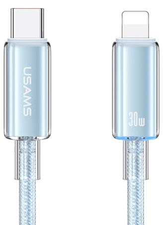 P4Y Câble compatible avec Lightning vers USB-C pour charge rapide 30W et transfert de données 480 mbps avec puce de lumière colorée Matériau : alliage d'aluminium 1.2m Bleu US-SJ659 Cloud Series