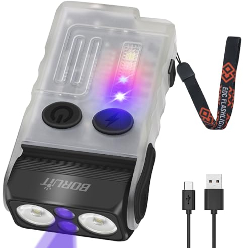 BORUIT V20 Small Powerful EDC Torch 1000LM USB C Rechargeable 365nm UV Keychain Torch 180°Head Swivels, Two-Way Clip, Magnet, with Multi-Color COB Light-13 Mode(White UV Edition)