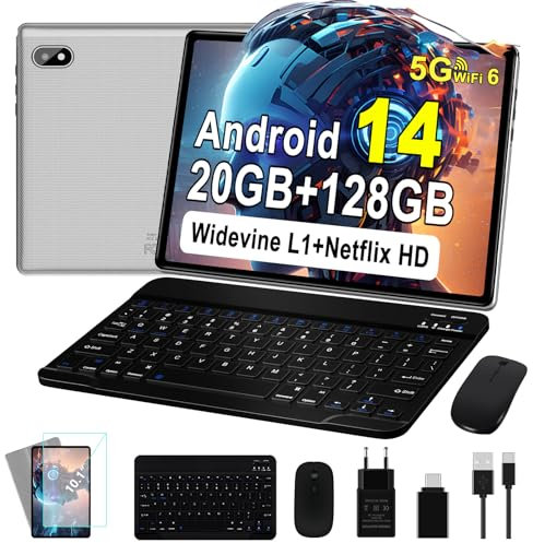Tablet 10 Pulgadas Android 14 Octa-Core, 20GB RAM + 128GB ROM (1TB TF), Widevine L1, 5G+2.4G WiFi 6, Bluetooth 5.0, 5MP+8MP, FHD, 1280*800, Facciale ID, Newest Tablet con Teclado y Raton, Plateado