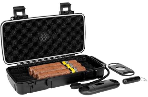 Linkidea Cigar Case Set for Travel, Portable Humidor with Ring, V-Cut & Punch Cutters, Waterproof & Airtight Cigar Accessories Gift for Men (Black)