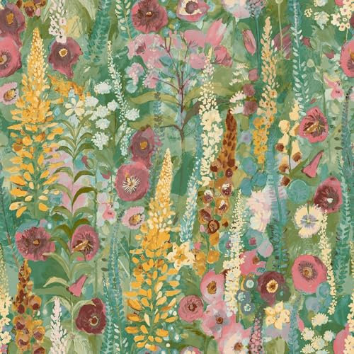 Delphinium Green Pink Wallpaper - Painted Floral Design Flowers Botanical Traditional - Textured Paste The Wall Vinyl