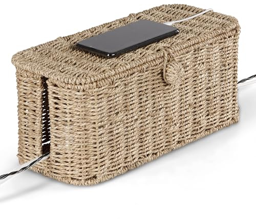 BLUEWEST Große Kabelmanagement-Box, natürliches Rattan, Kabel-Organizer für Steckdosenleiste – 2 offene Steckplätze für Kabelversteck für TV-Kabel, Computer, Router, USB-Hub und Steckdosenleiste unter
