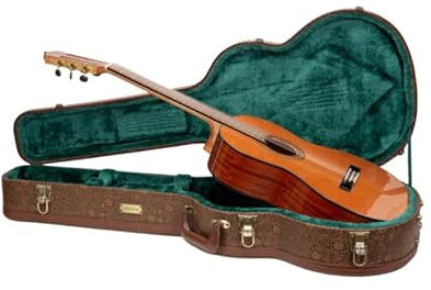 Crossrock Designer Series - Custodia per chitarra classica per corde in nylon 4/4, pelle sintetica marrone fiore, interno in velluto verde foresta, serratura - guscio rigido in legno di alta qualità