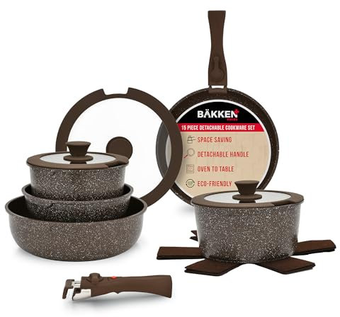 Bakken- Swiss Kitchen Cookware Set - Nonstick Granite Coating, Pots and Pans with Handles and Tempered Glass Lids, PFOA, PFOS, PTFE Free, Ceramic Max Temperature (Up to 500° F), Set of 15 - Dark Gray