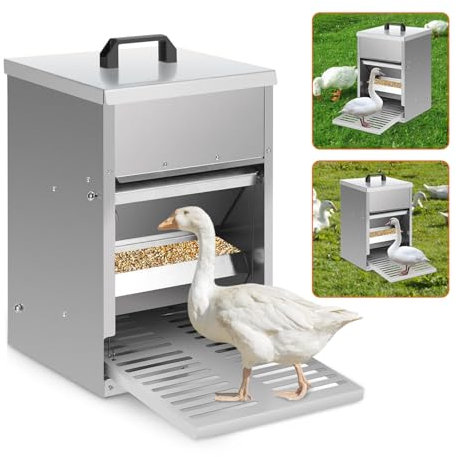 Peviasot Futterautomat Hühner, 5kg verzinkt Futterspender für Hühner mit Trittplatte, Deckel, Wasserdicht Futtertrog, Rattensicher Futterspender Hühner Geflügeltränke Futterautomat