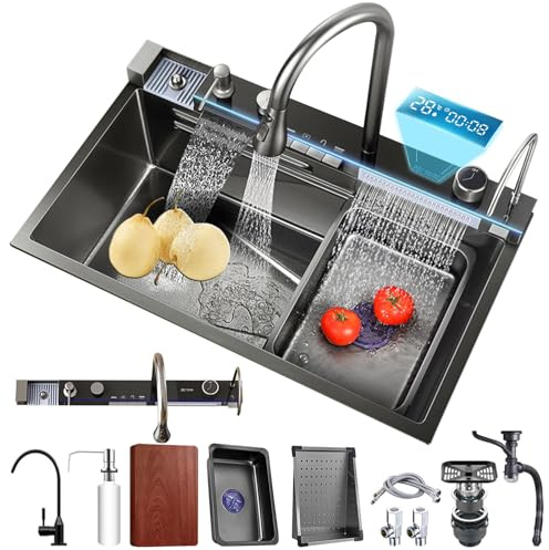 Kitchen Sink Multifunctional Digital Display 304 Stainless Steel Waterfall Sink with Cup Washer, soap Dispenser, rain Waterfall, Table Control
