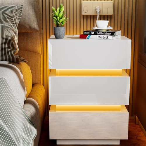 HaodaCulture Mesita de Noche Led, Mesitas de Noche Blancas, Mesa de Noche con estación de Carga, 3 cajones, 16 Colores, Armario de Cama, Estilo Moderno, para Dormitorio, salón 45x35x62cm