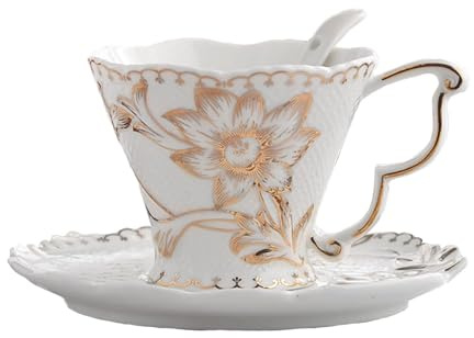 YAIUNHIQ Set di Tazze da tè, piattini e cucchiai, Tazze da tè Vintage in Porcellana, Tazze da tè con Rose, Set di piattini in Stile Europeo con Fiori di Rosa