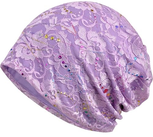 Bonnet Femme Slouch Beanie Léger Chapeau de Nuit Femme Bonnet Coton Unisexe Perte de Cheveux et de Chemiothérapie Sommeil Doux Respirant Turban Beanie Chapeau, Violet #Dentelle-Résine Colorée Gouttes