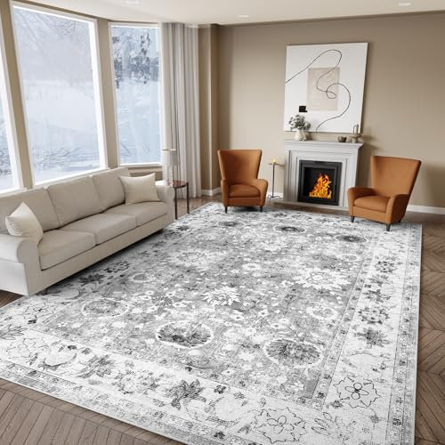 IKALIFE Tappeto Vintage Lavabile - Salotto Soggiorno Camera da Letto Pelo Corto Morbido Antiscivolo per Sala, Pranzo 160x230 cm Grigio