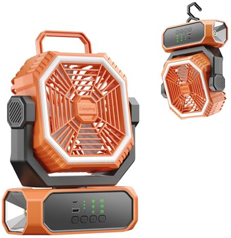 VVU&CCO Portable Fan for Camping with LED Lantern,20000mAh Rechargeable Battery,65H Runtime,USB-C Fast Charging, 3 Speeds - Cordless Desk Fan for Travel Home Office Tent Desk