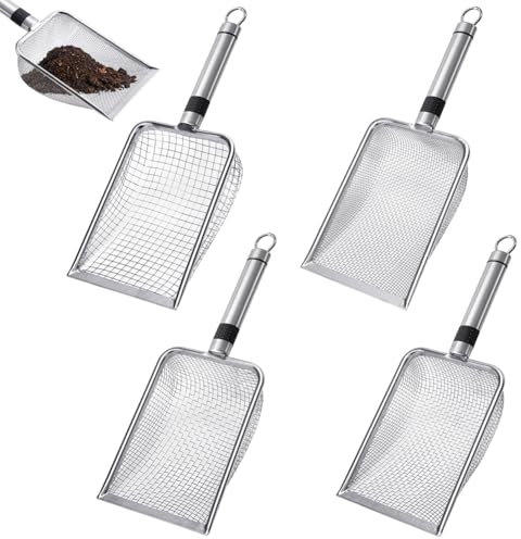 DASIAUTOEM Lot de 4 tamis de jardin en métal avec poignée, tamis de jardin, tamis de terre, tamis à jet en acier inoxydable, tamis à tamis en maille 2/2,8/3,8/5 mm pour sable et pierres