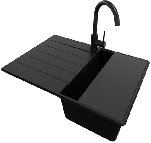 PRIMAGRAN Granitspüle ab 40er Unterschrank + Küchenarmatur, 70x50cm | Set: Küchenarmatur BW5010 + Ablauf-Set + Schneidebrett + Spülbecken 1 Becken - Kopenhagen Top, Alles Schwarz