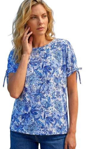 Roman Originals Floral Printed Tie Sleeve Top for Women UK - Ladies Everyday Holiday Spring Summer Round Neckline Comfy Soft Evening Vacation Work Party - Blue - Size 18