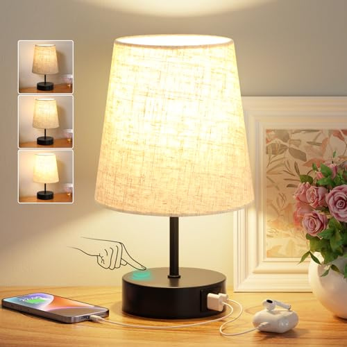 PreeOtti Nachttischlampe Touch Dimmbar, USB A+-C-Ladefunktion, Tischlampe mit Beige Lampenschirm Schwarzer Sockel, Kleine Lampe für Nachttisch Wohnzimmer Schlafzimmer Kinderzimmer Büro
