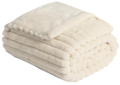 OHS Faux Fur Ribbed Throw Blanket for Sofa, Super Soft Cosy Warm Winter Thick Fleece Blanket for Bed Decorative Fluffy King Size Bed Throws Over Sofas Couch, Natural - 200 x 240cm
