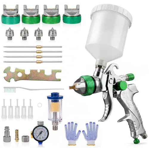 QWORK® HVLP Pistola de Pintura Kit, Pistola de pulverización Pintura con 4 boquillas y Vaso de plástico de 600 ml, para Coche, Madera, Paredes