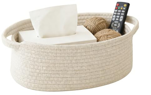 Woven Rope Basket, Small Storage Bin with Handles & Decorative Ribbon, Fabric Organizer for Shelves, Closet or Tabletop, Empty Gift Basket for Birthday or Home Decor (White)