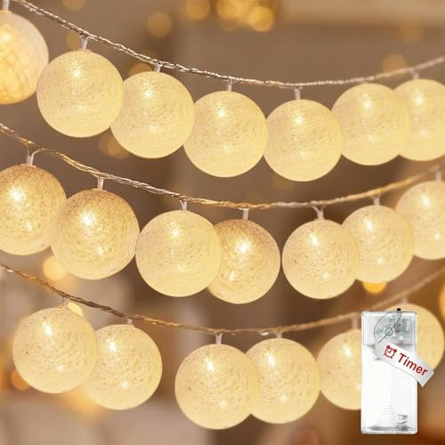 Koboko Lichterkette Baumwollkugeln,1,5M 10 LED Lichterkette Kugeln mit Timer,3cm Baumwollkugeln Lichterketten Innen,Warmweiß Cotton Balls Lichterketten Batterie für Kinderzimmer,Weihnachten,Hochzeit
