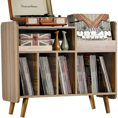 UODERS Record Player Stand, Large Record Player Table Cabinet with Open Vinyl Storage and Display Shelf Holds up to 350 Albums, Mid Century Wood Turntable for Living Room, Bedroom, (Walnut)